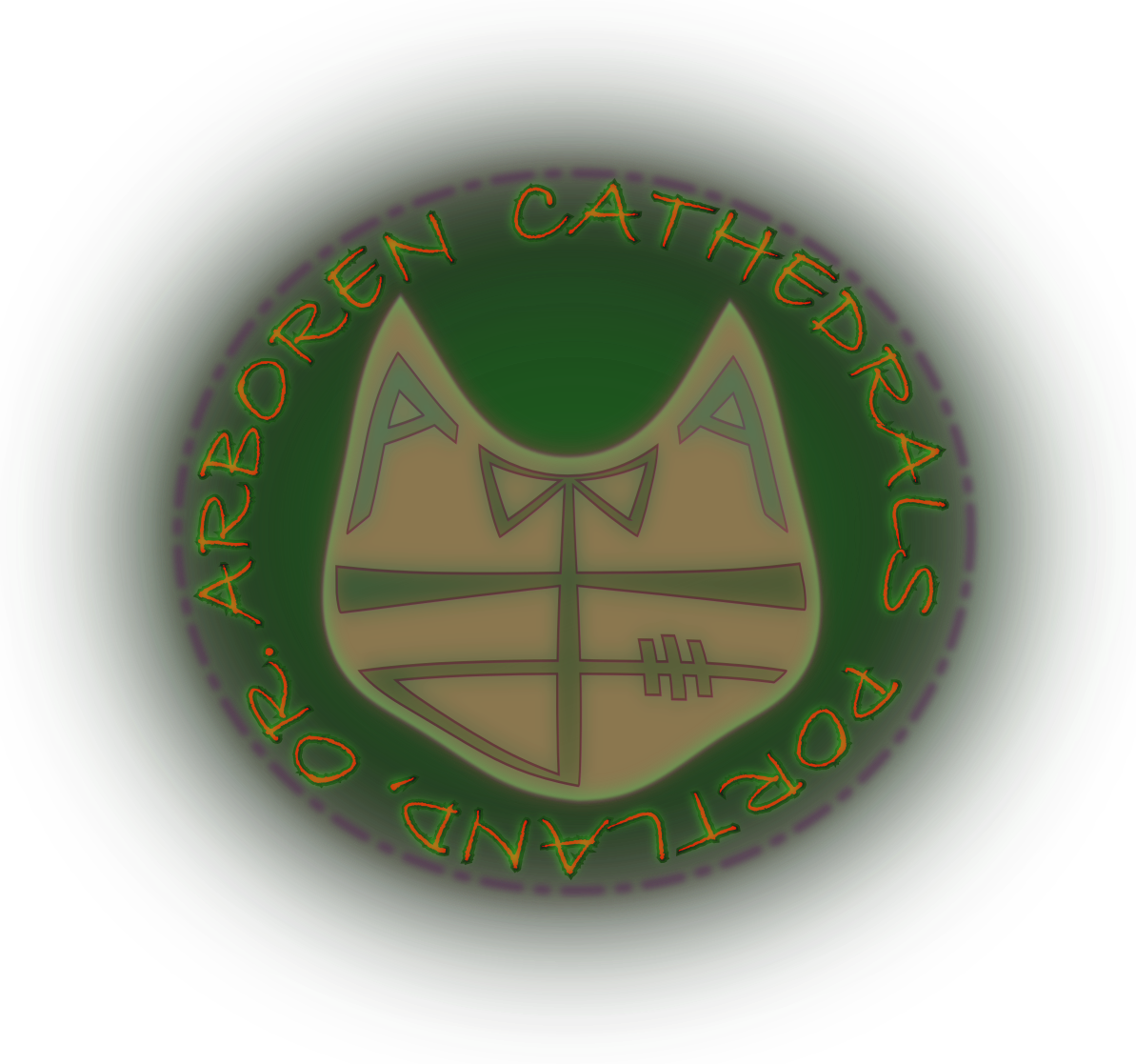 Tan silhouette of a cat's face surrounded by text - Arboren Cathedrals Portland, OR