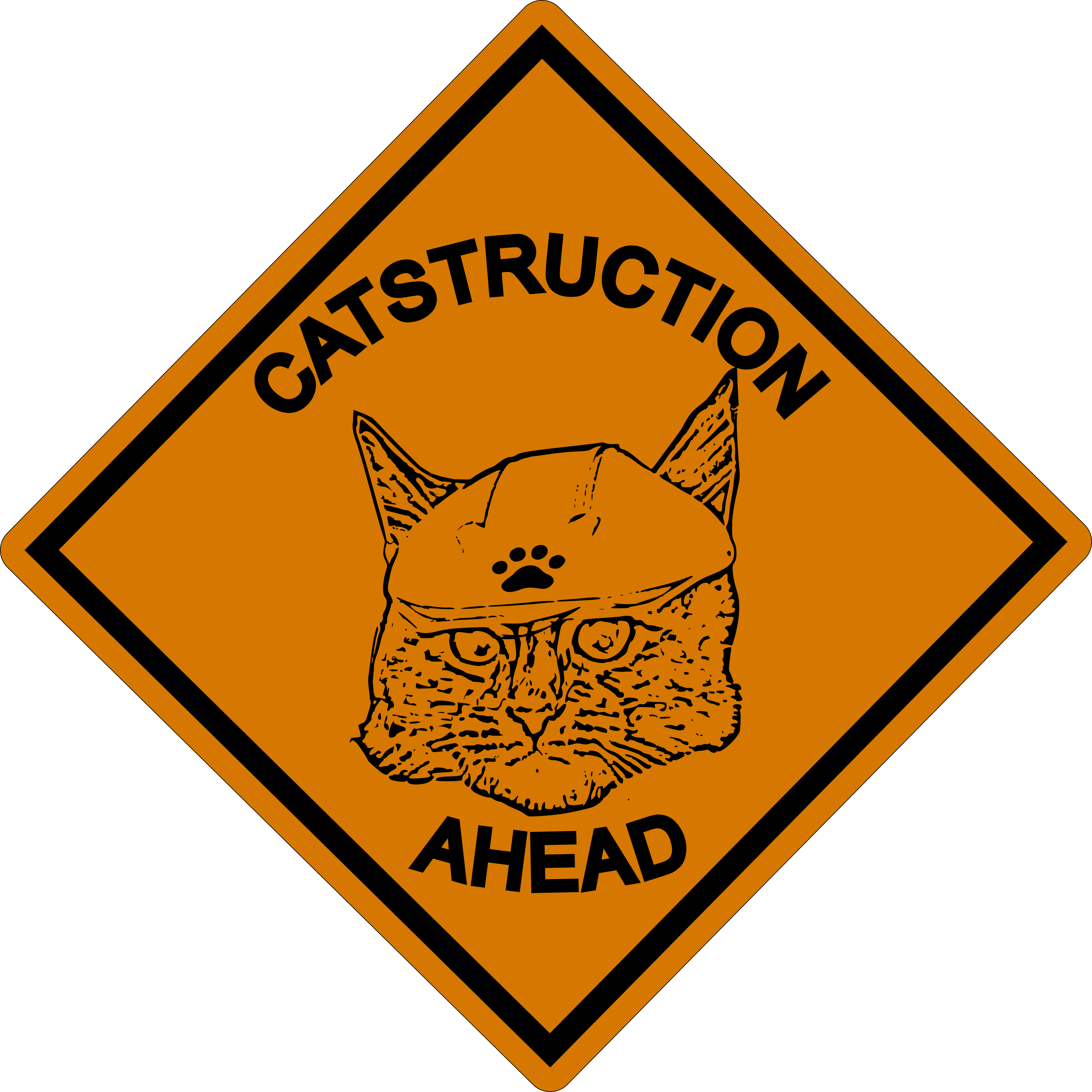 Cat wearing a hard hat on a Catstruction Ahead sign